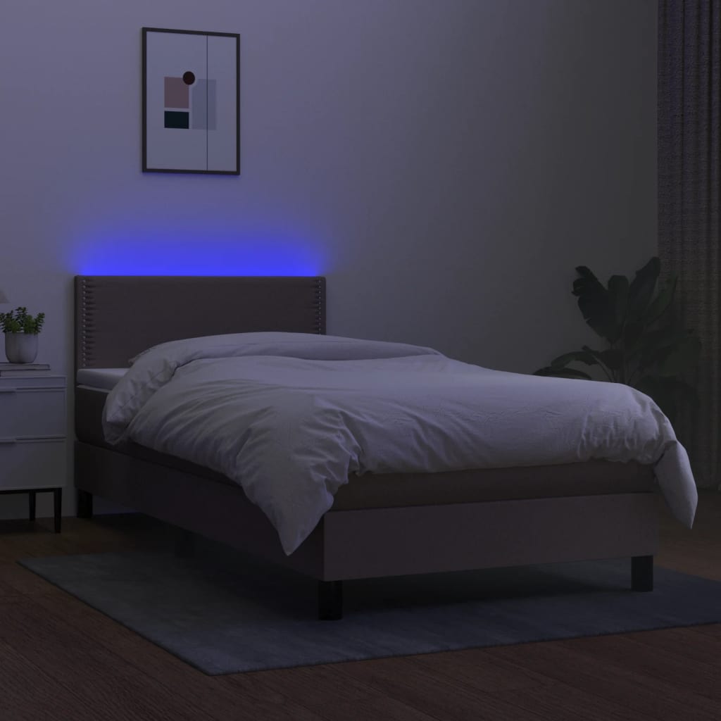 Krevet box spring s madracem LED smeđesivi 90x190 cm tkanina