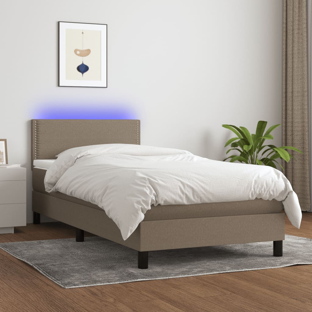 Krevet box spring s madracem LED smeđesivi 90x190 cm tkanina