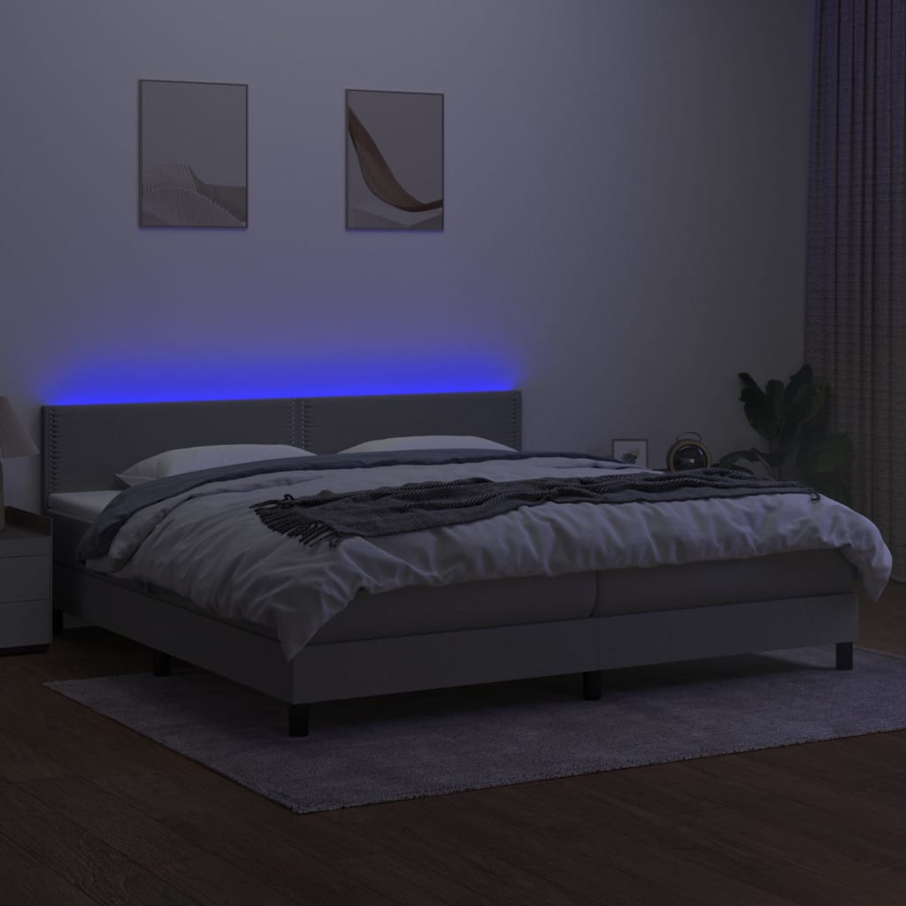 Krevet box spring s madracem LED svjetlosivi 200x200 cm tkanina