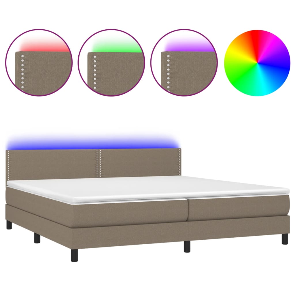 Krevet box spring s madracem LED smeđesivi 200x200 cm tkanina