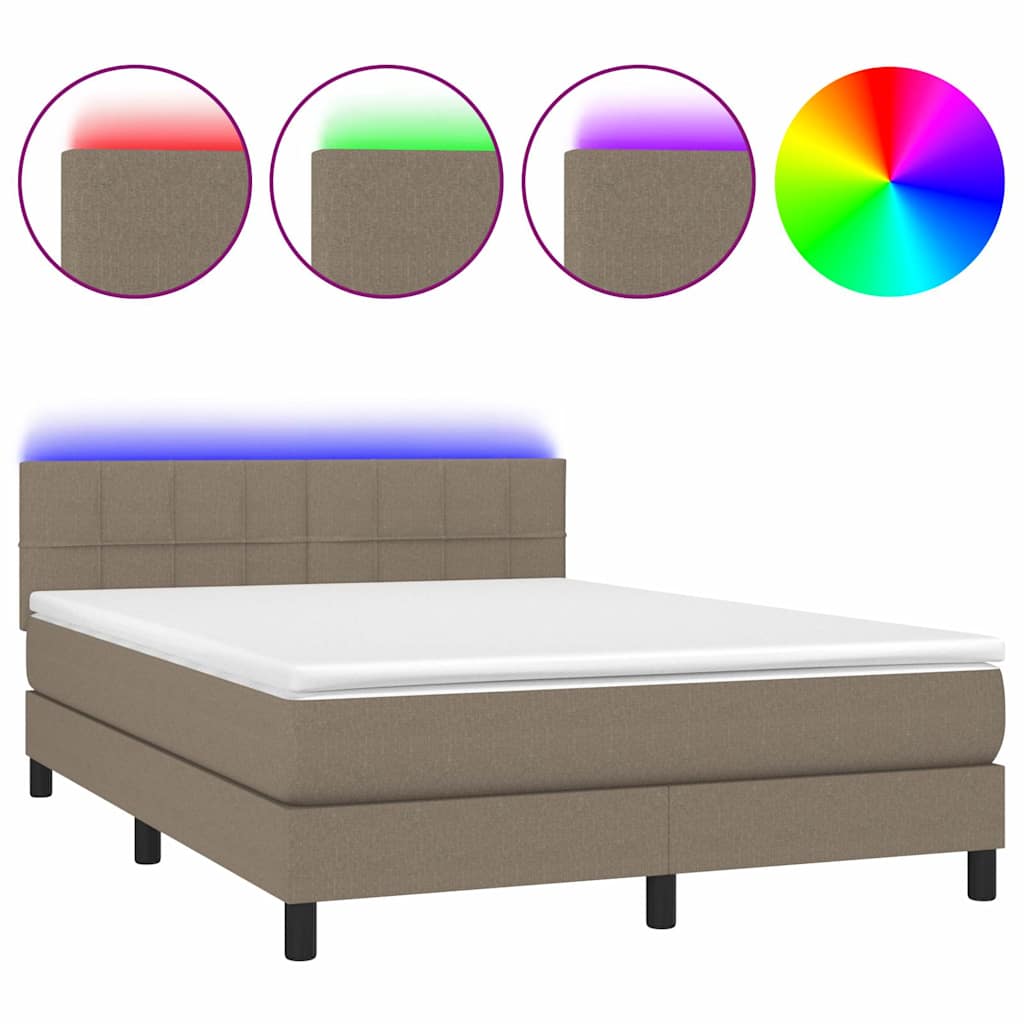 Krevet box spring s madracem LED smeđesivi 140x200 cm tkanina