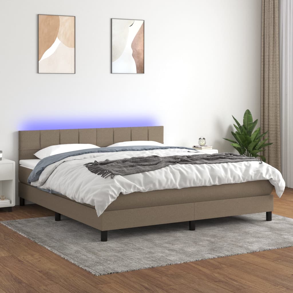 Krevet box spring s madracem LED smeđesivi 160x200 cm tkanina
