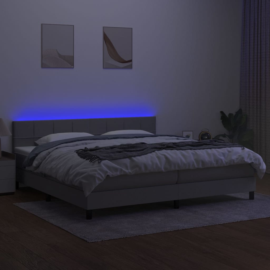Krevet box spring s madracem LED svjetlosivi 200x200 cm tkanina