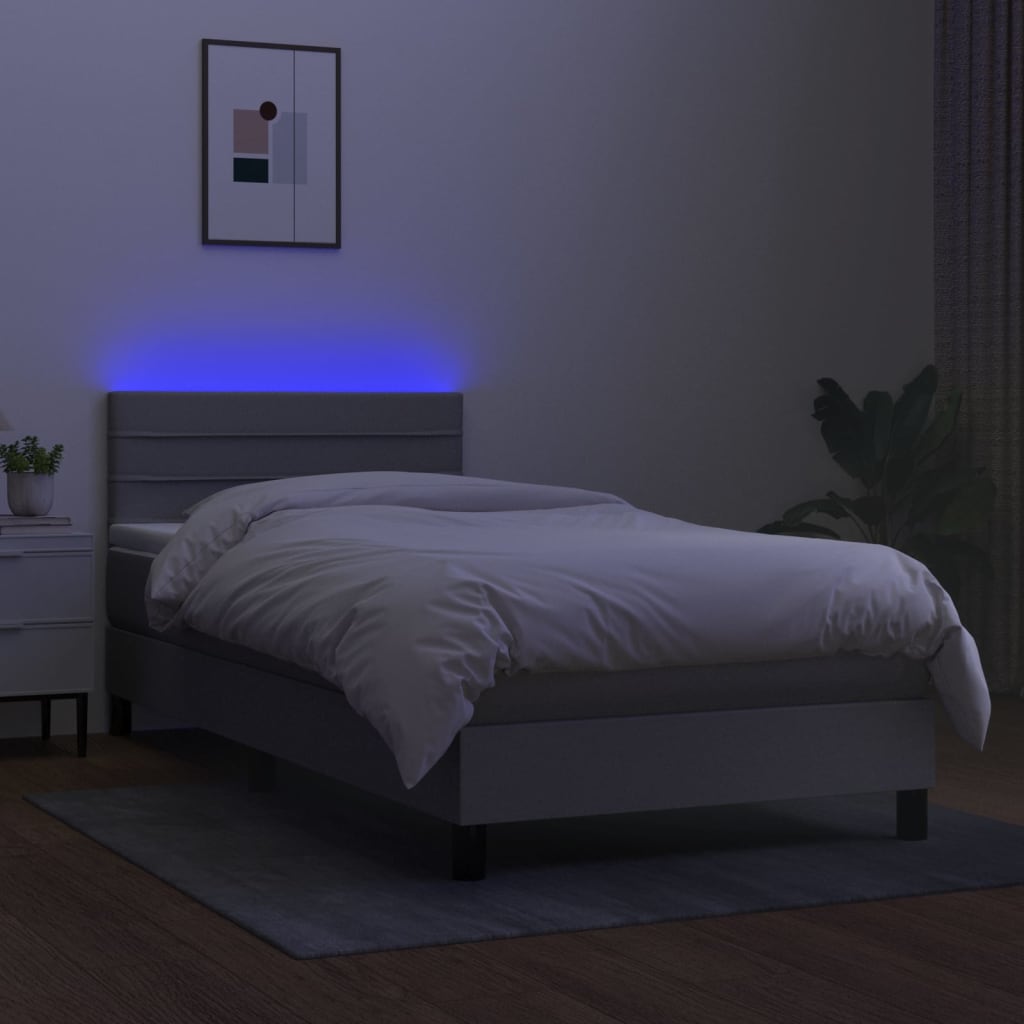 Krevet box spring s madracem LED svjetlosivi 90x200 cm tkanina