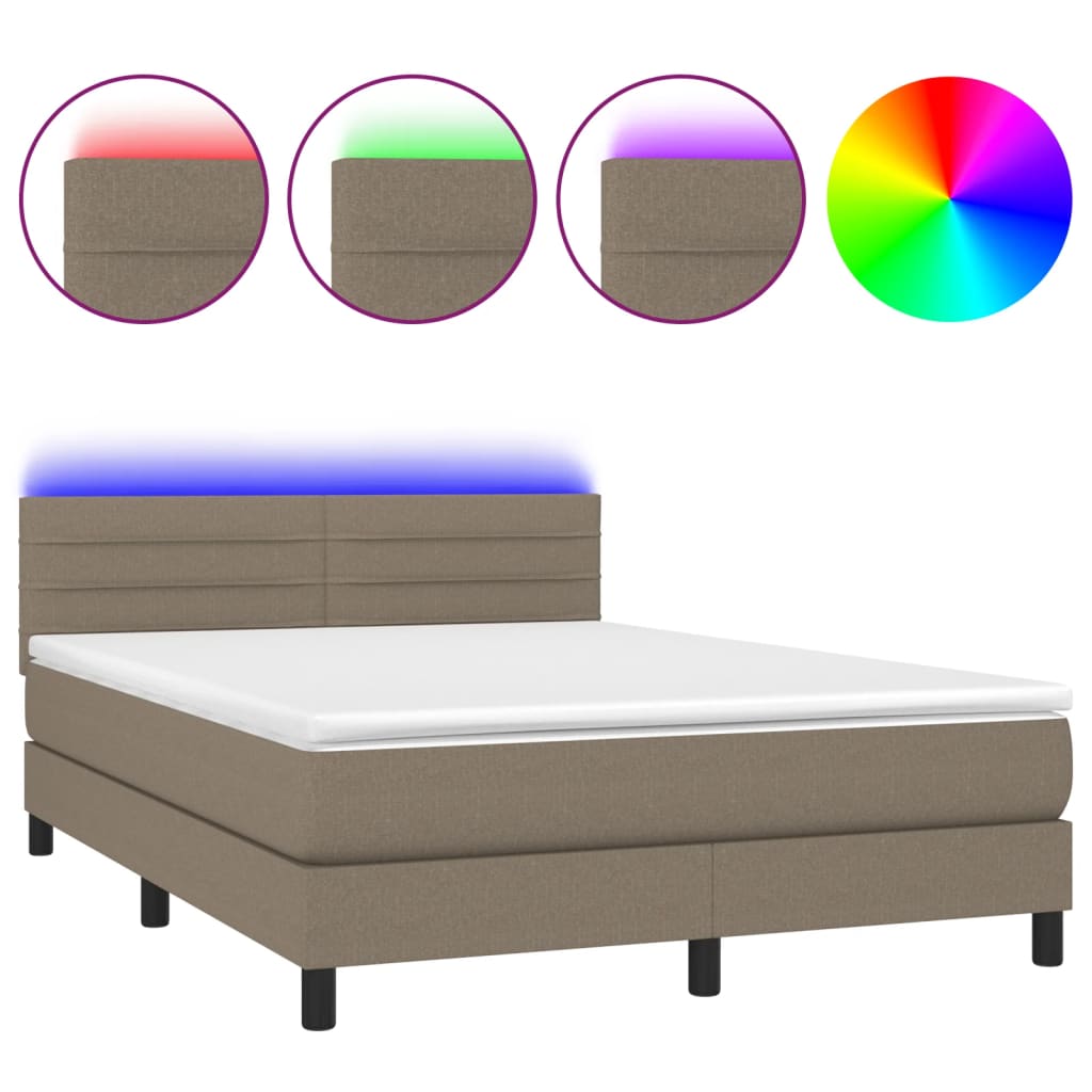 Krevet box spring s madracem LED smeđesivi 140x190 cm tkanina
