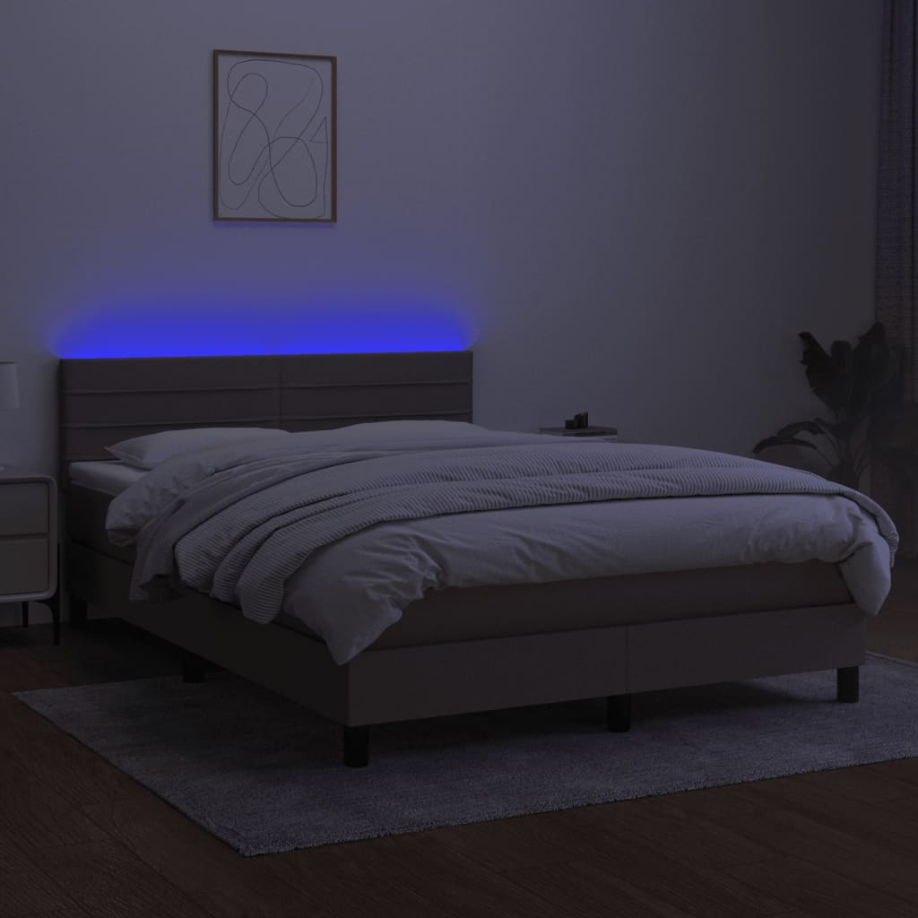 Krevet box spring s madracem LED smeđesivi 140x190 cm tkanina