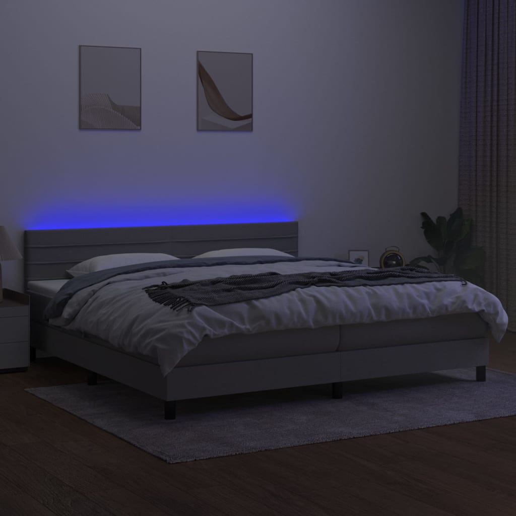 Krevet box spring s madracem LED svjetlosivi 200x200 cm tkanina