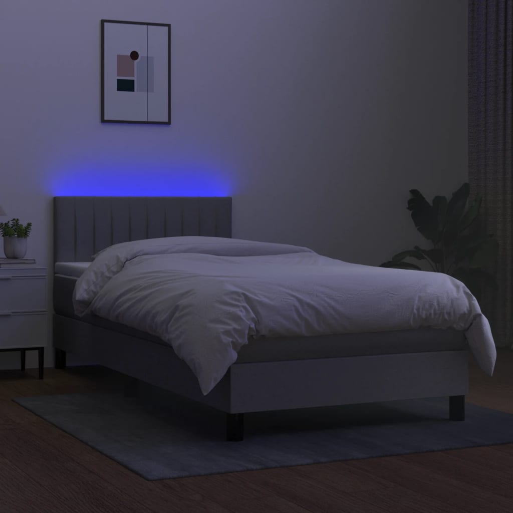 Krevet box spring s madracem LED svjetlosivi 100x200 cm tkanina