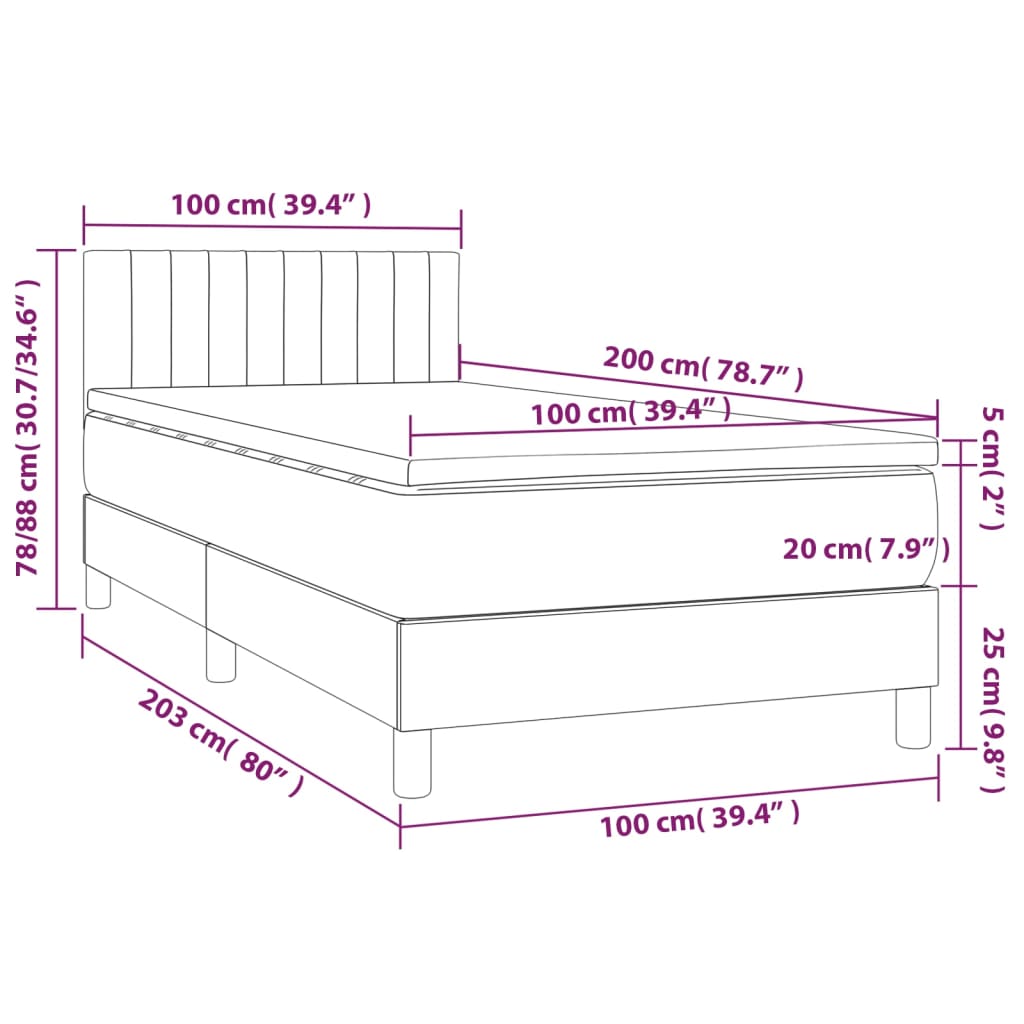 Krevet box spring s madracem LED svjetlosivi 100x200 cm tkanina