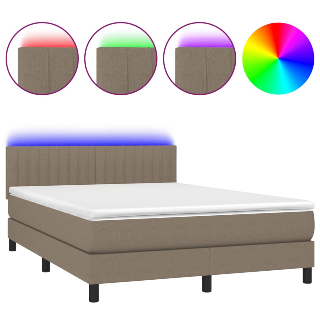 Krevet box spring s madracem LED smeđesivi 140x190 cm tkanina