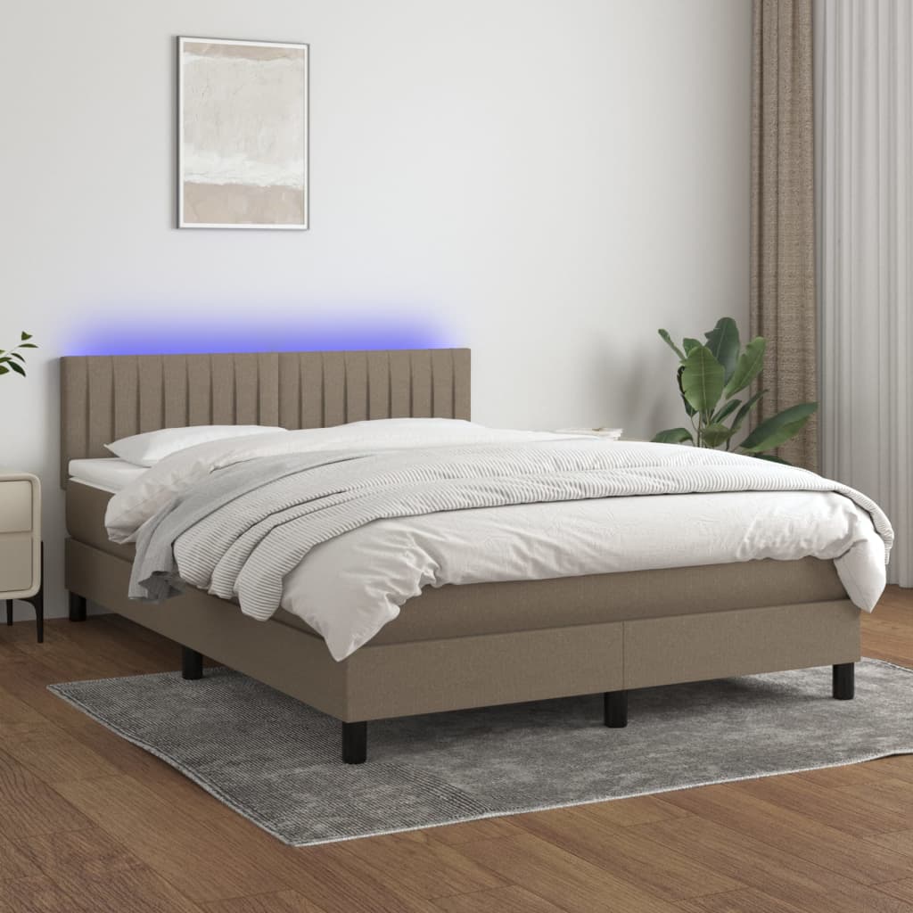 Krevet box spring s madracem LED smeđesivi 140x190 cm tkanina