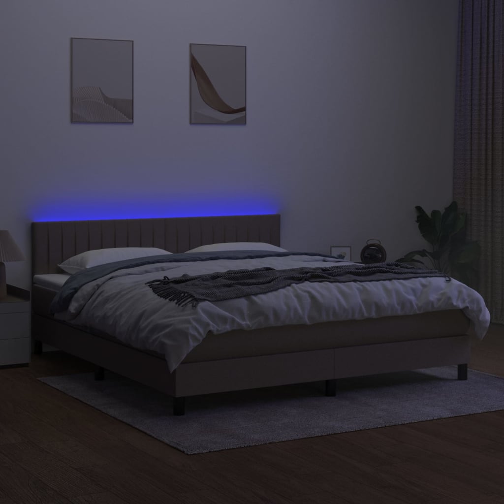 Krevet box spring s madracem LED smeđesivi 160x200 cm tkanina