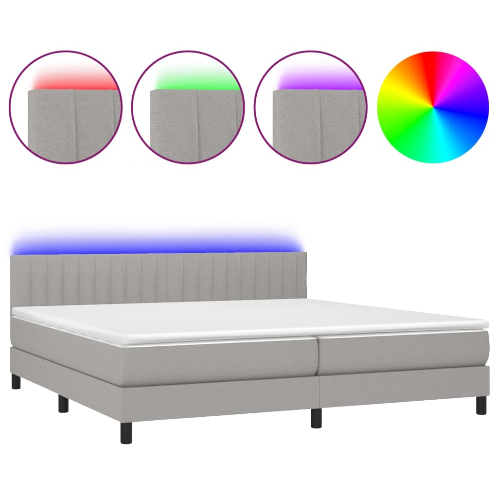 Krevet box spring s madracem LED svjetlosivi 200x200 cm tkanina