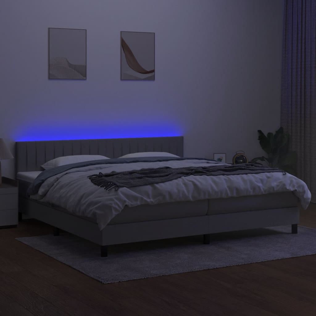 Krevet box spring s madracem LED svjetlosivi 200x200 cm tkanina