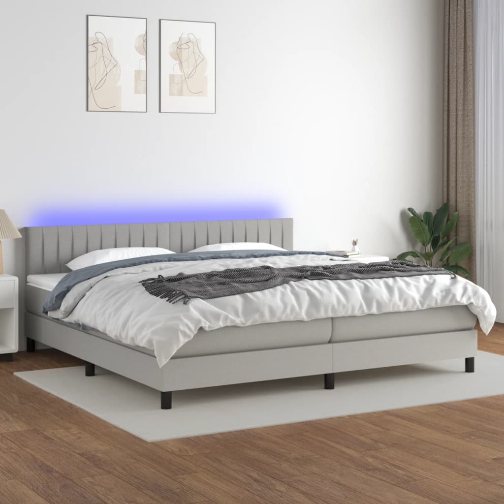 Krevet box spring s madracem LED svjetlosivi 200x200 cm tkanina