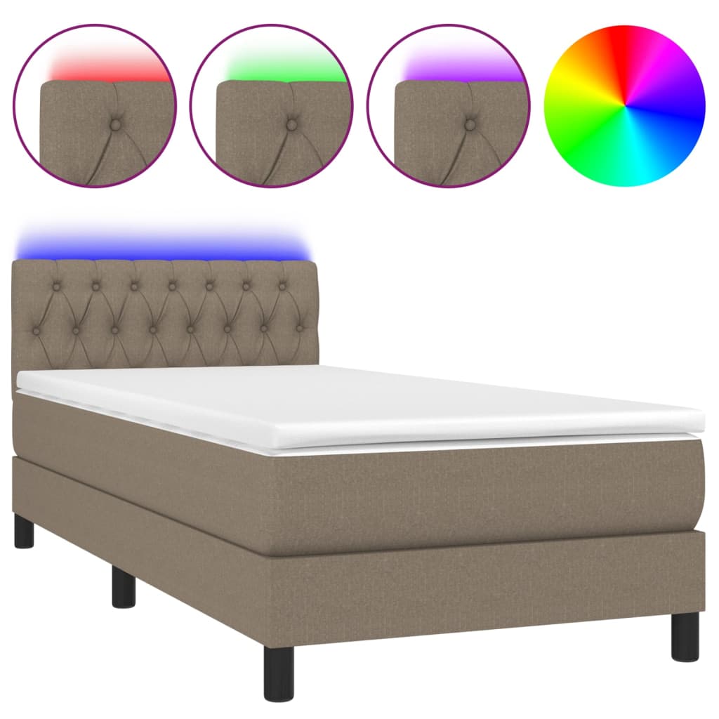 Krevet box spring s madracem LED smeđesivi 90x190 cm tkanina