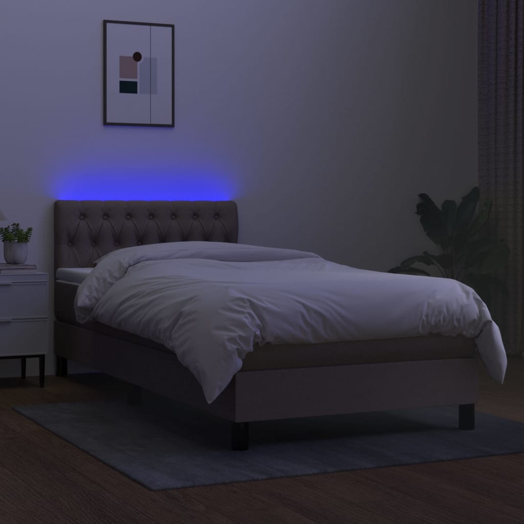 Krevet box spring s madracem LED smeđesivi 90x190 cm tkanina
