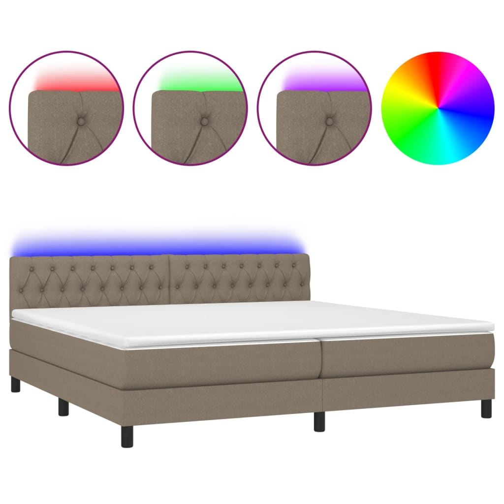 Krevet box spring s madracem LED smeđesivi 200x200 cm tkanina