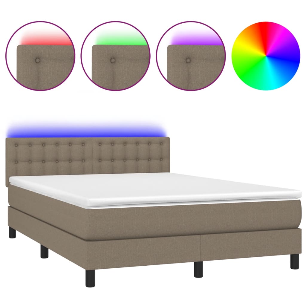 Krevet box spring s madracem LED smeđesivi 140x190 cm tkanina
