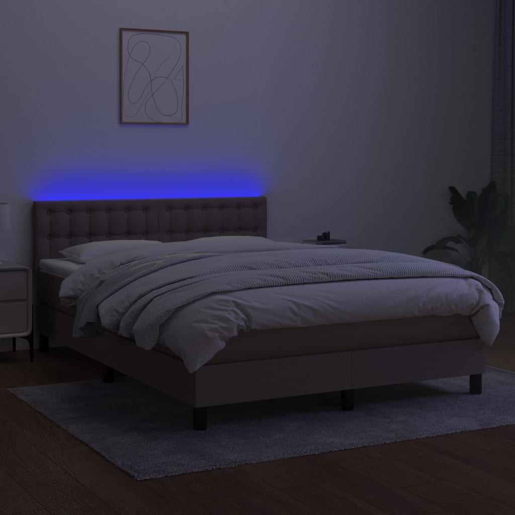 Krevet box spring s madracem LED smeđesivi 140x190 cm tkanina
