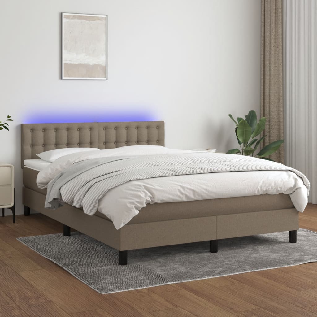 Krevet box spring s madracem LED smeđesivi 140x190 cm tkanina
