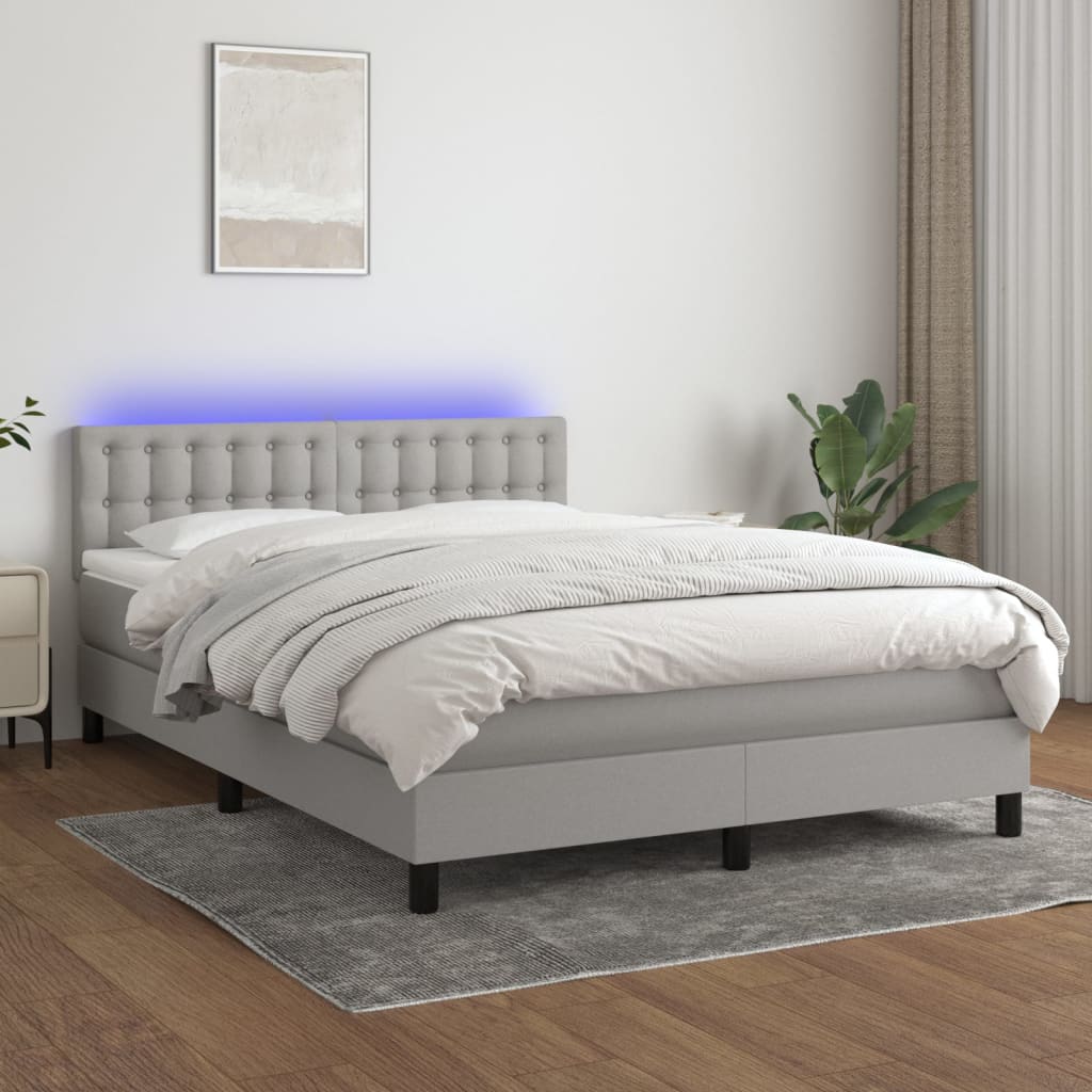 Krevet box spring s madracem LED svjetlosivi 140x200 cm tkanina