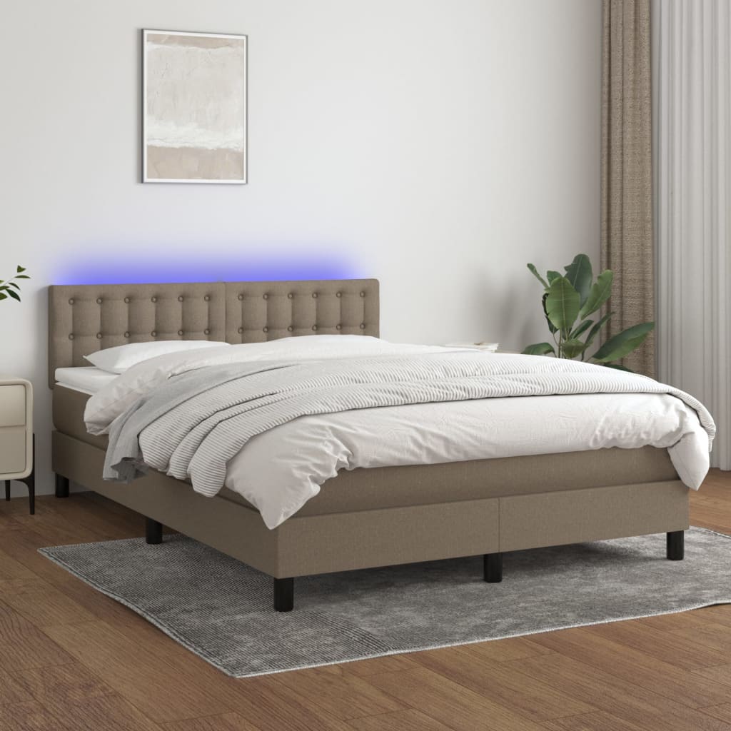 Krevet box spring s madracem LED smeđesivi 140x200 cm tkanina