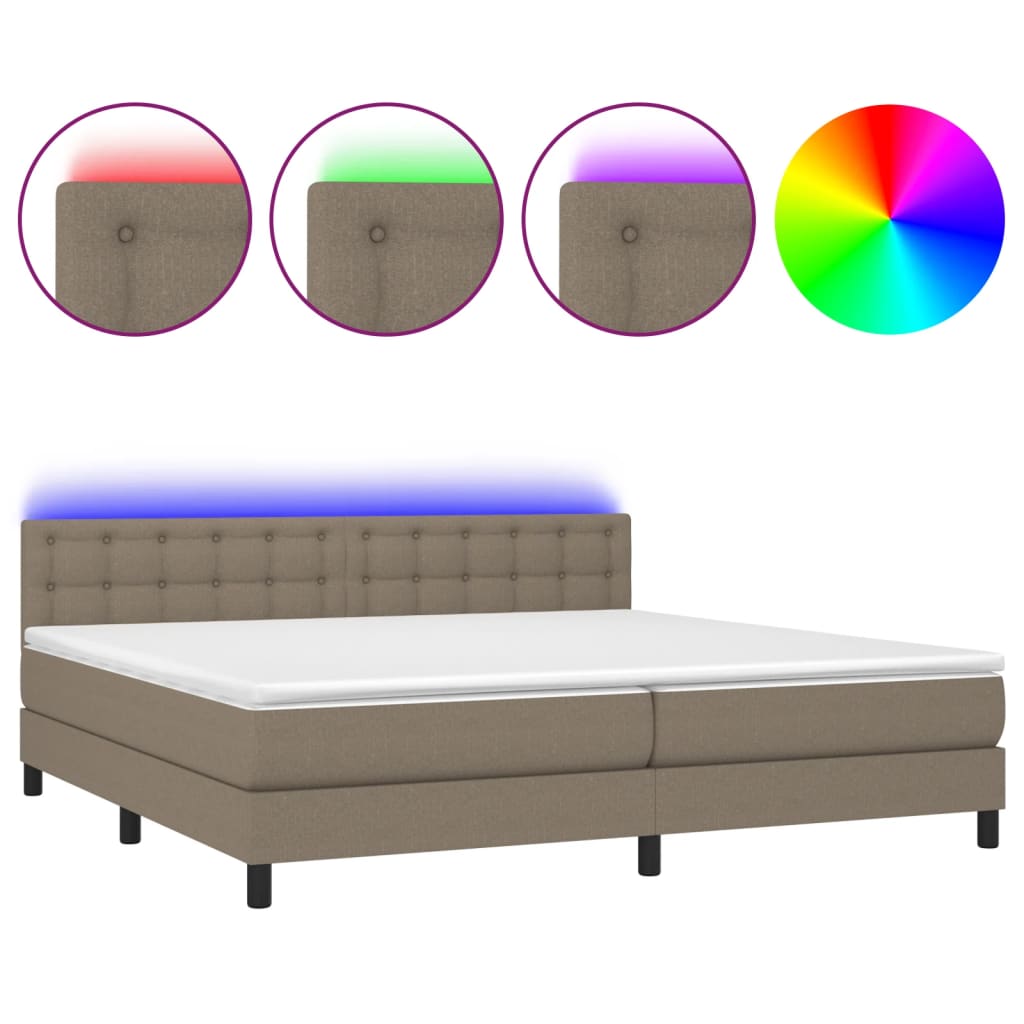 Krevet box spring s madracem LED smeđesivi 200x200 cm tkanina