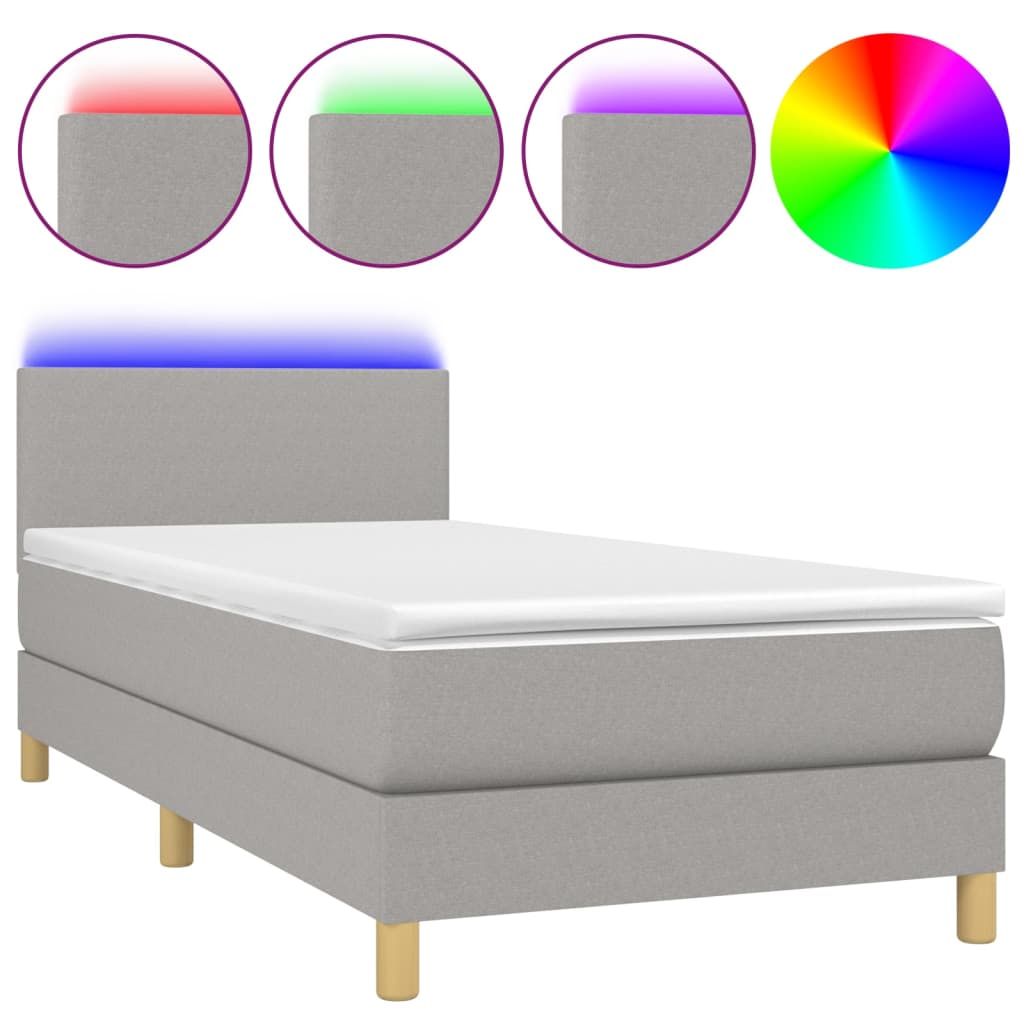 Krevet box spring s madracem LED svjetlosivi 90x190 cm tkanina