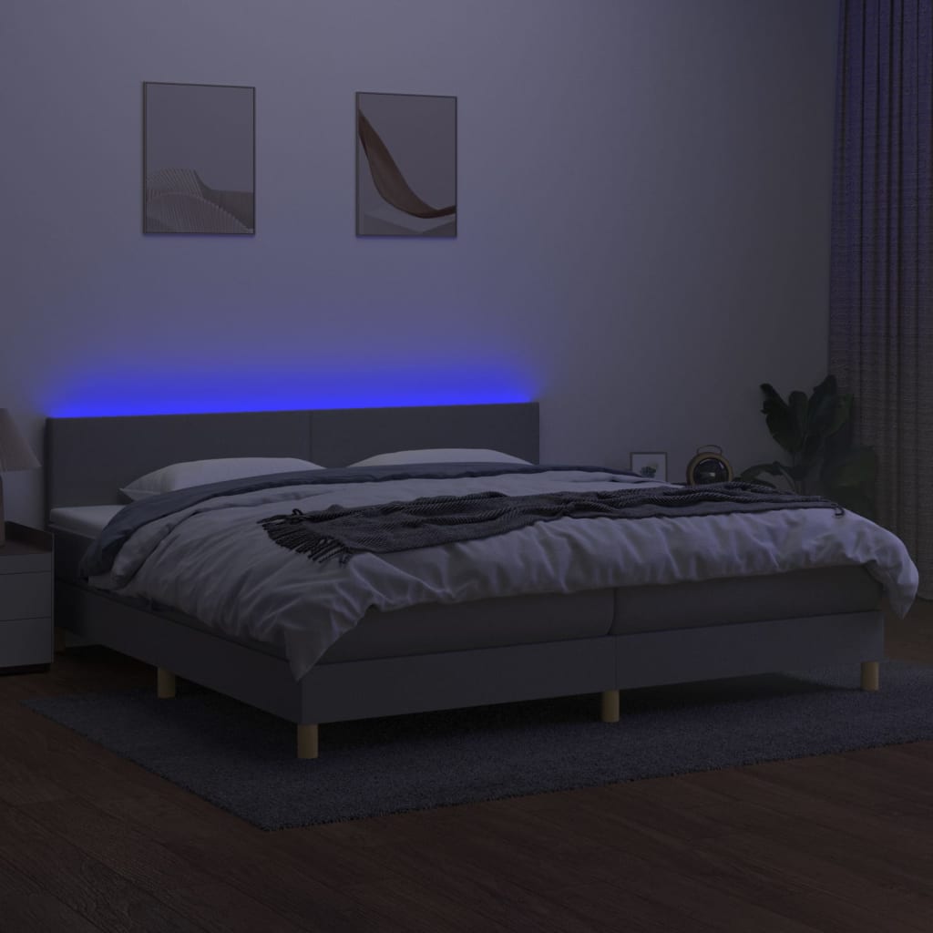 Krevet box spring s madracem LED svjetlosivi 200x200 cm tkanina