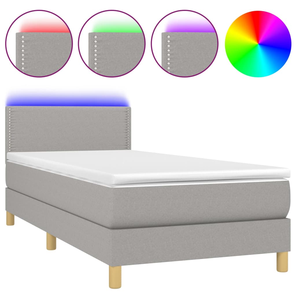 Krevet box spring s madracem LED svjetlosivi 90x190 cm tkanina