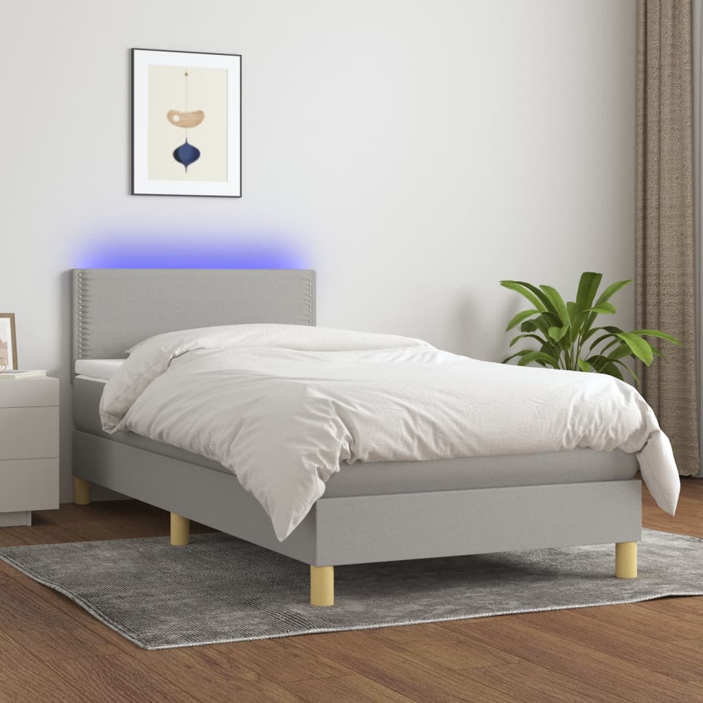 Krevet box spring s madracem LED svjetlosivi 90x190 cm tkanina