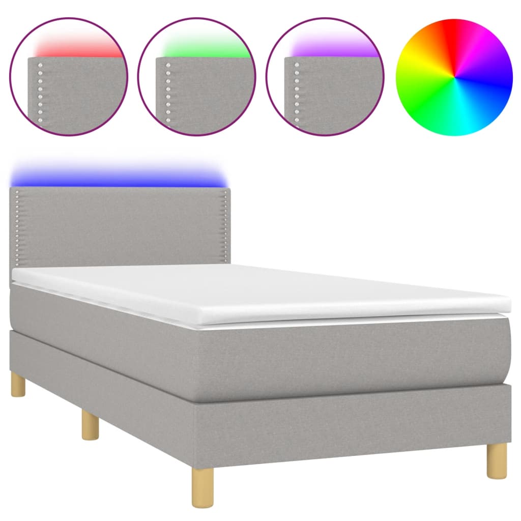Krevet box spring s madracem LED svjetlosivi 100x200 cm tkanina