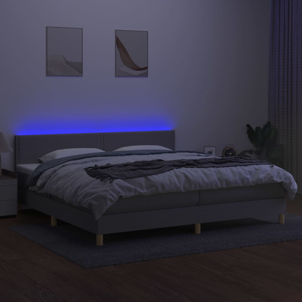 Krevet box spring s madracem LED svjetlosivi 200x200 cm tkanina