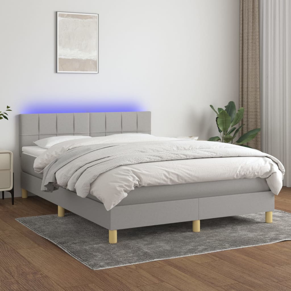 Krevet box spring s madracem LED svjetlosivi 140x200 cm tkanina