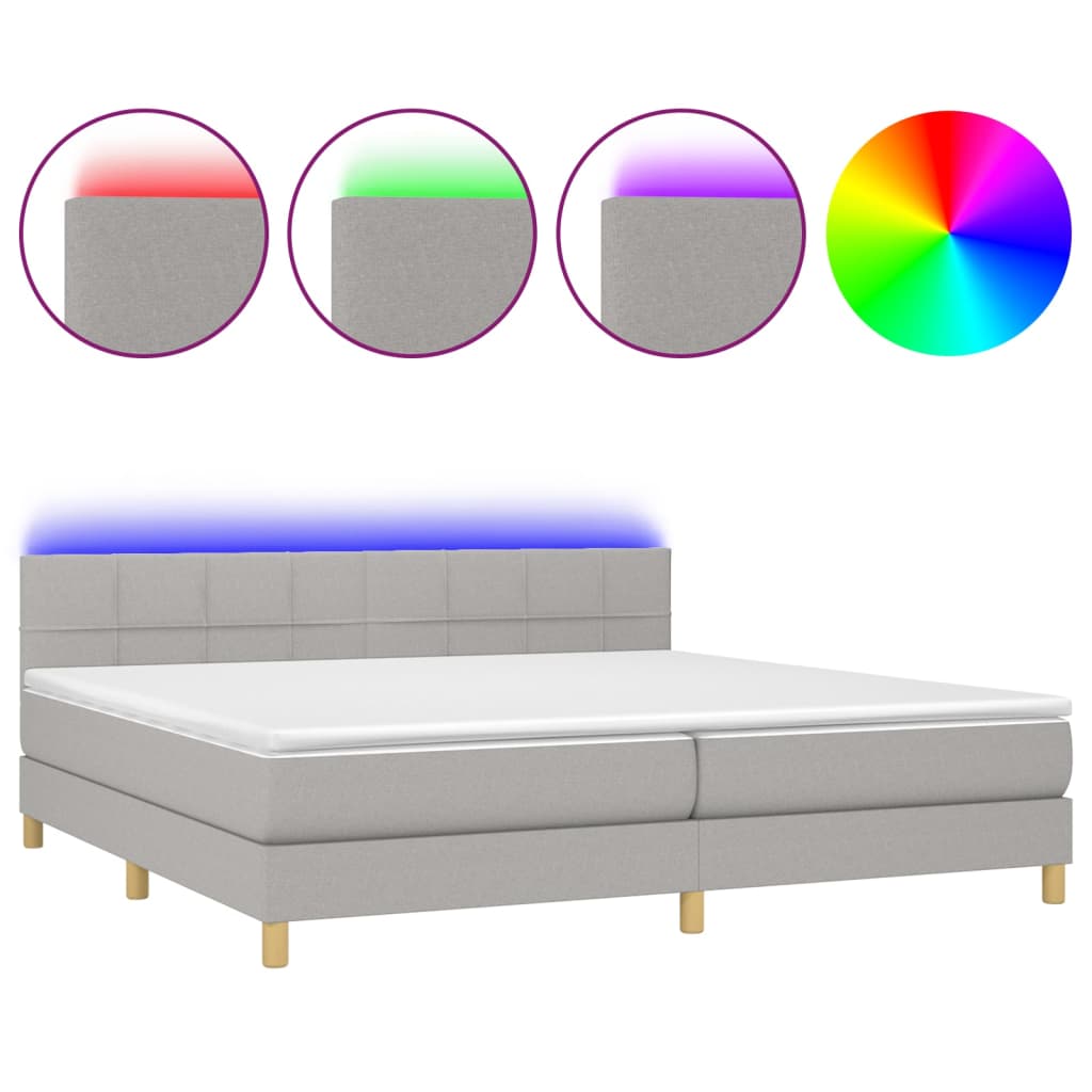 Krevet box spring s madracem LED svjetlosivi 200x200 cm tkanina