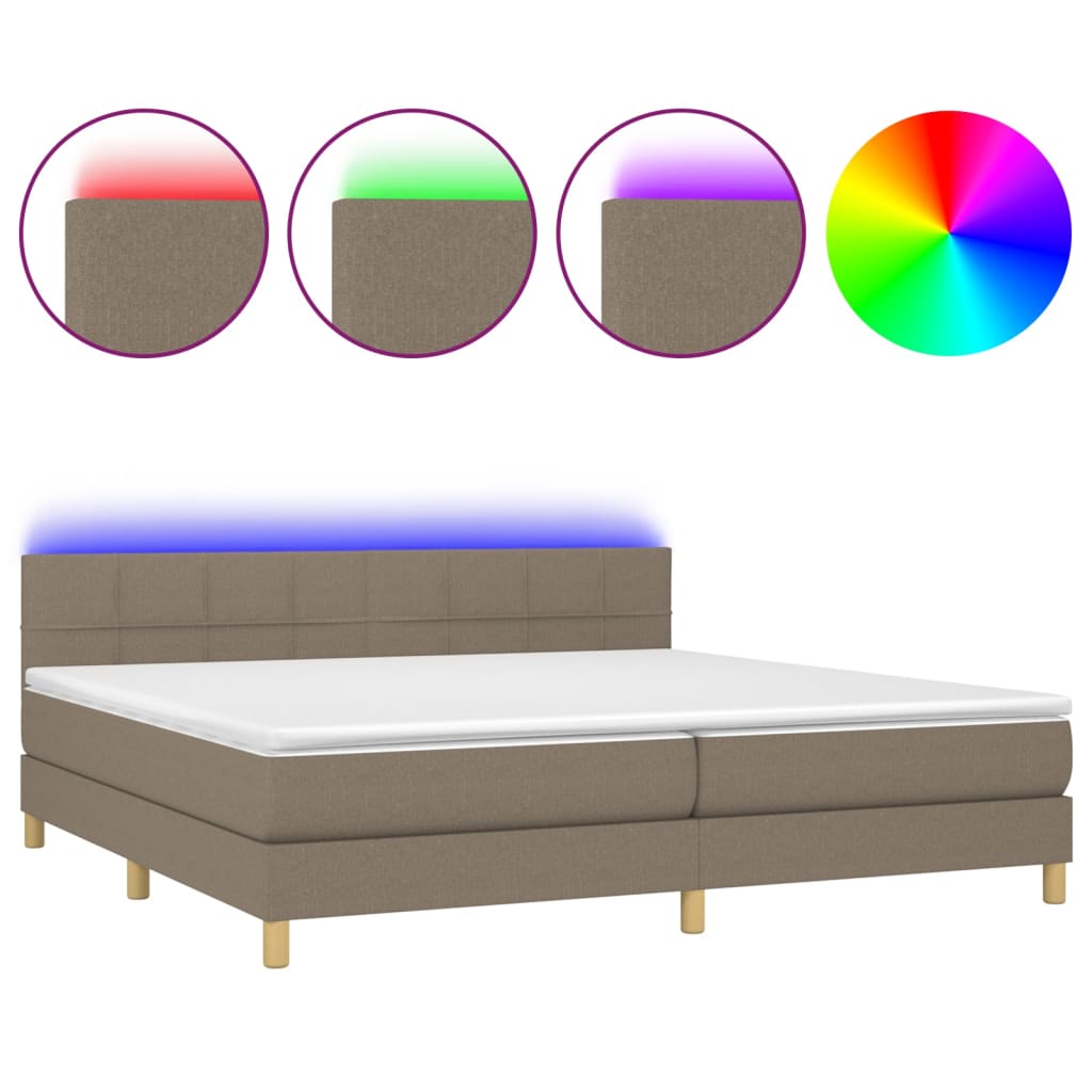 Krevet box spring s madracem LED smeđesivi 200x200 cm tkanina