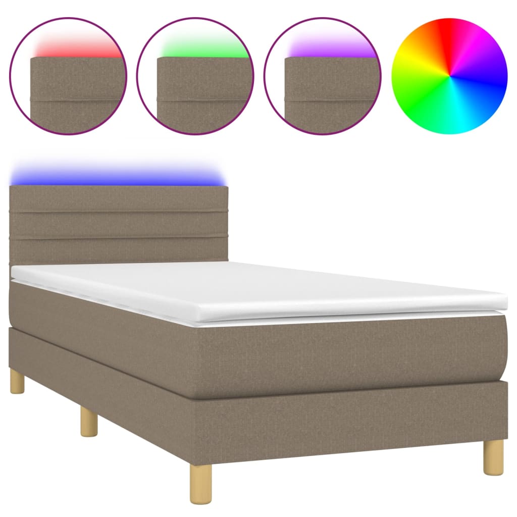 Krevet box spring s madracem LED smeđesivi 90x190 cm tkanina