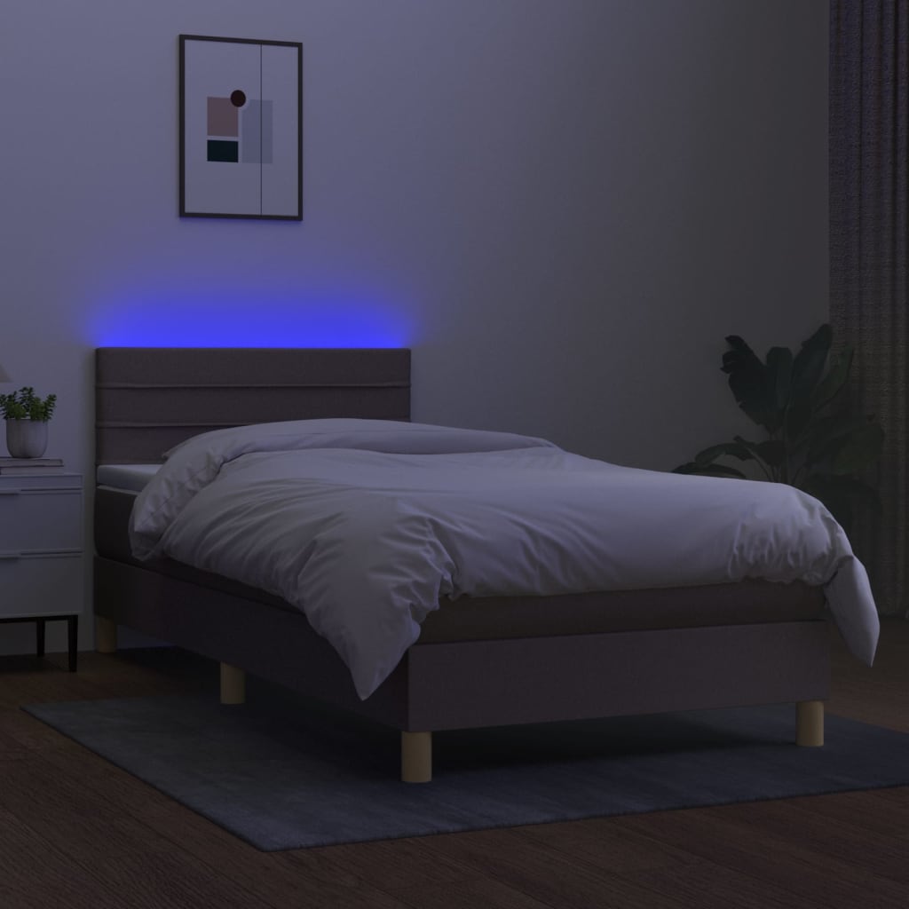 Krevet box spring s madracem LED smeđesivi 100x200 cm tkanina