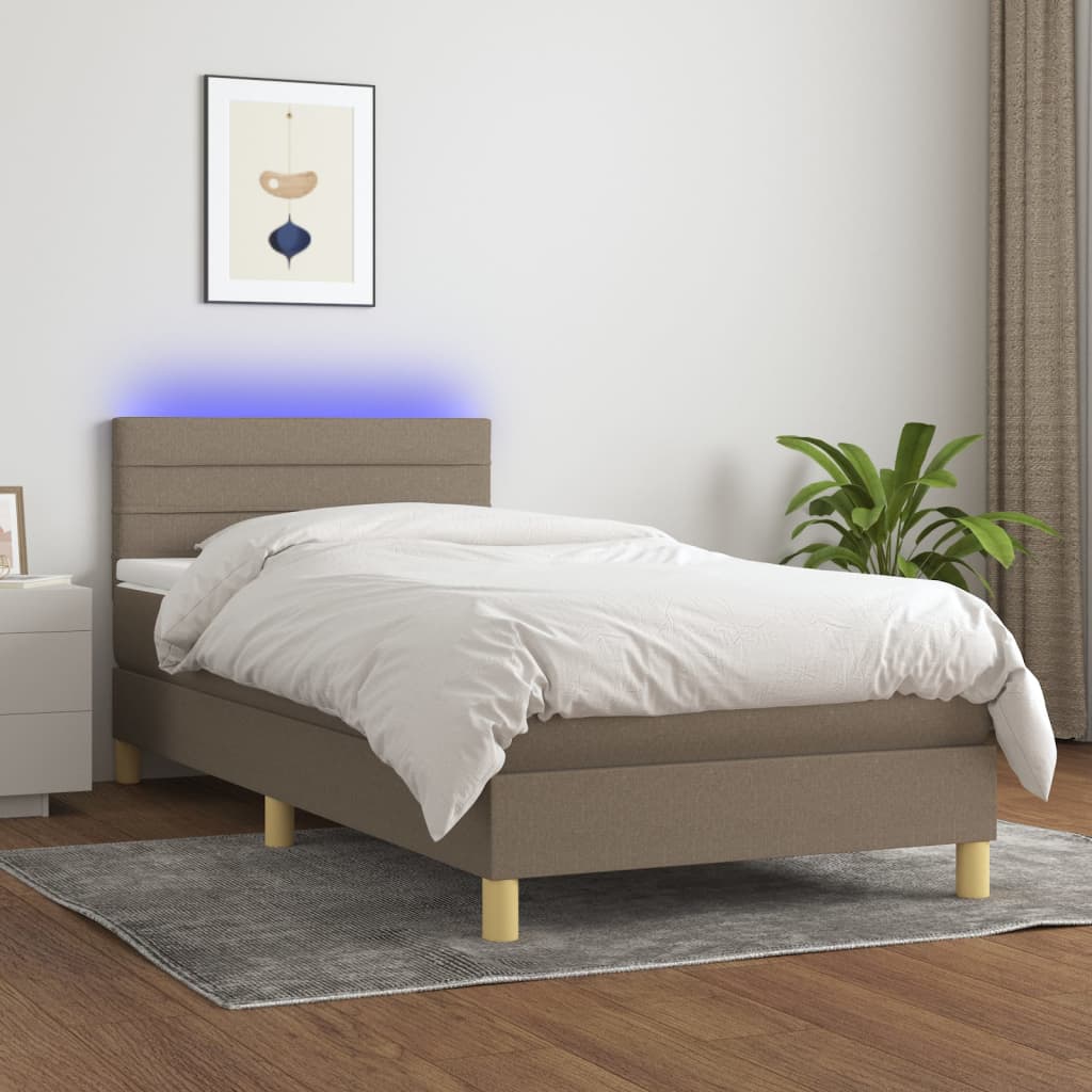 Krevet box spring s madracem LED smeđesivi 100x200 cm tkanina