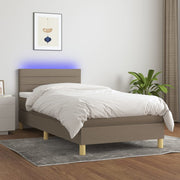 Krevet box spring s madracem LED smeđesivi 100x200 cm tkanina