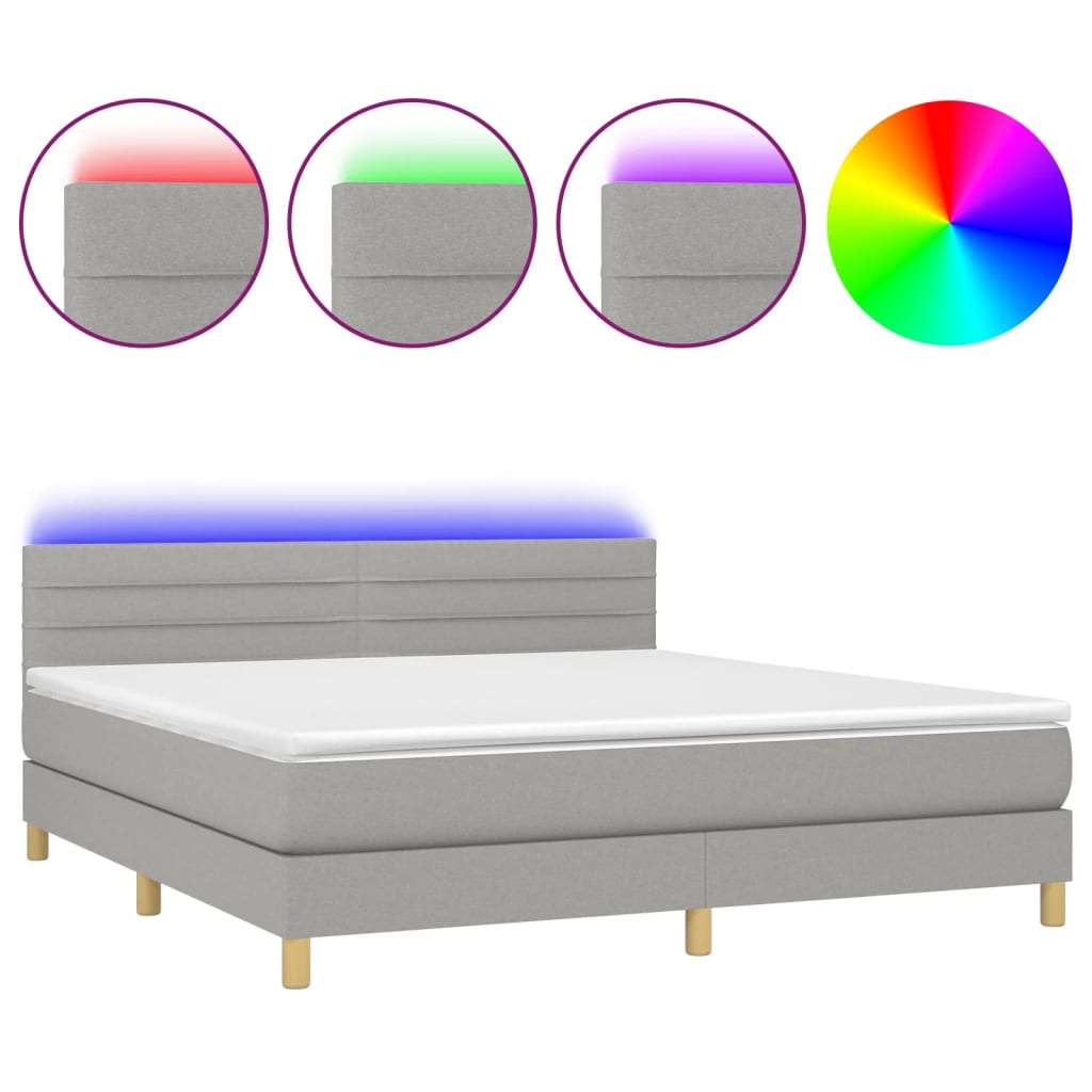 Krevet box spring s madracem LED svjetlosivi 180x200 cm tkanina
