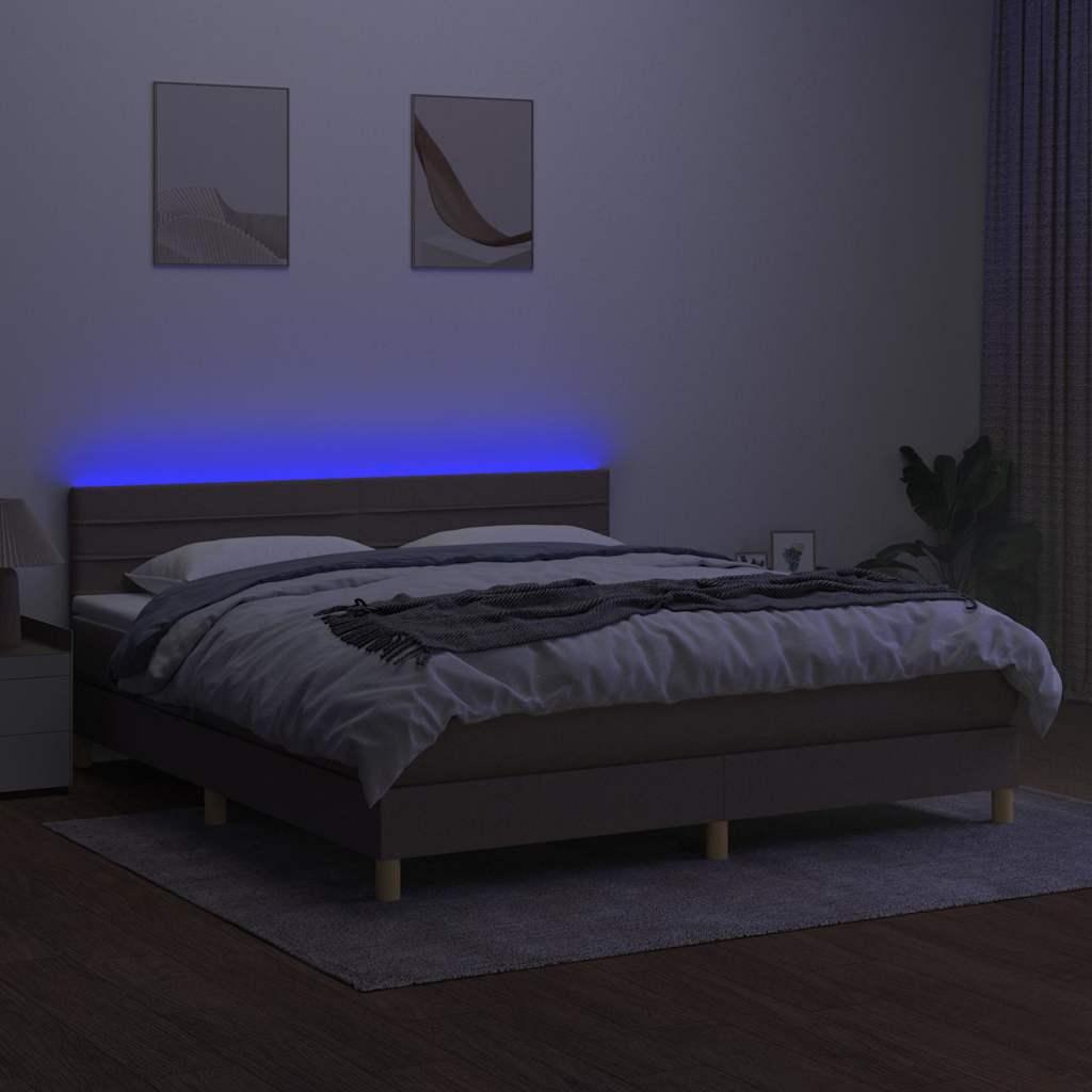 Krevet box spring s madracem LED smeđesivi 180x200 cm tkanina