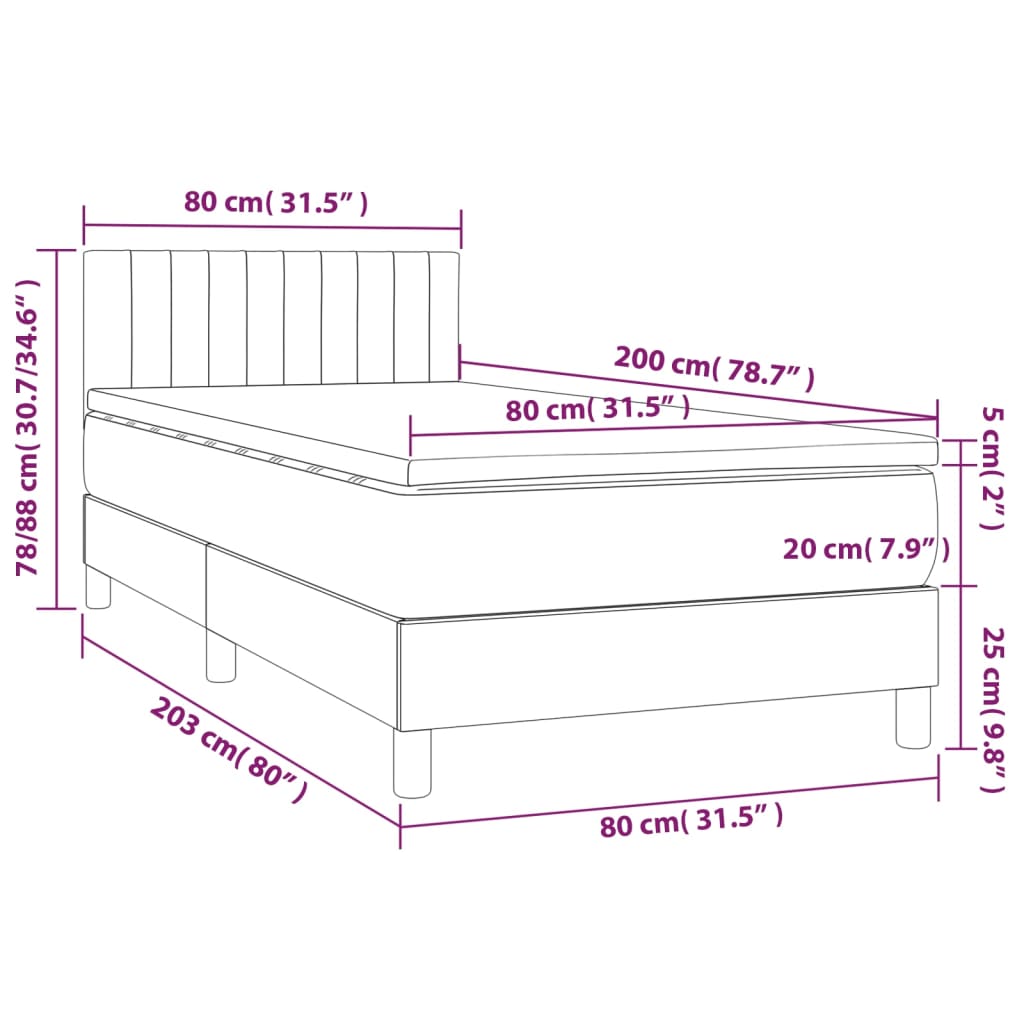 Krevet box spring s madracem LED smeđesivi 80 x 200 cm tkanina