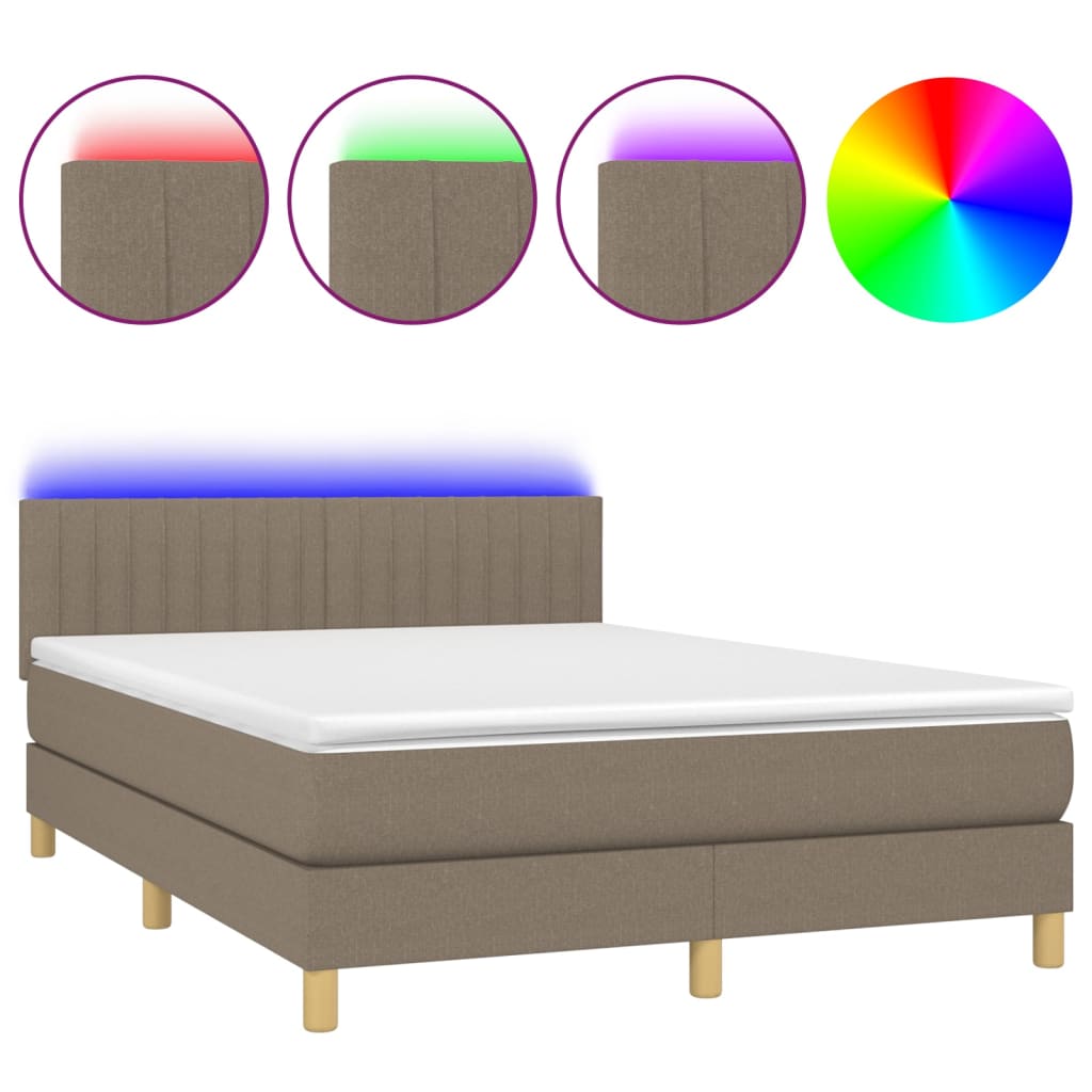 Krevet box spring s madracem LED smeđesivi 140x190 cm tkanina