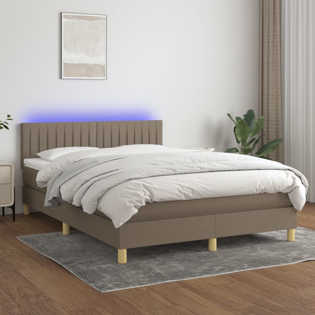 Krevet box spring s madracem LED smeđesivi 140x190 cm tkanina