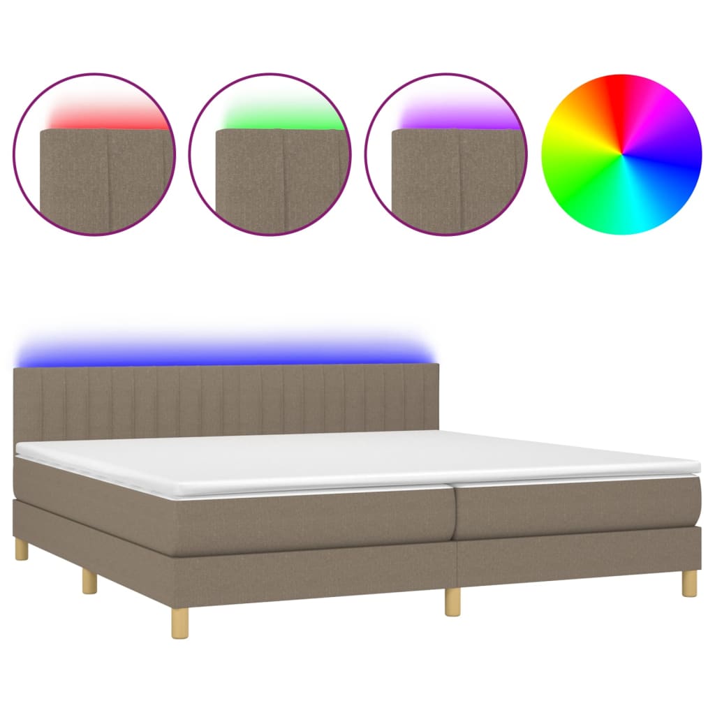 Krevet box spring s madracem LED smeđesivi 200x200 cm tkanina