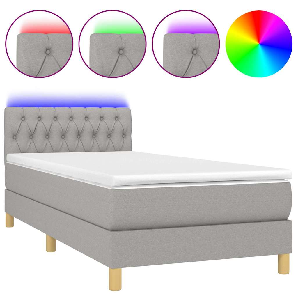 Krevet box spring s madracem LED svjetlosivi 90x190 cm tkanina