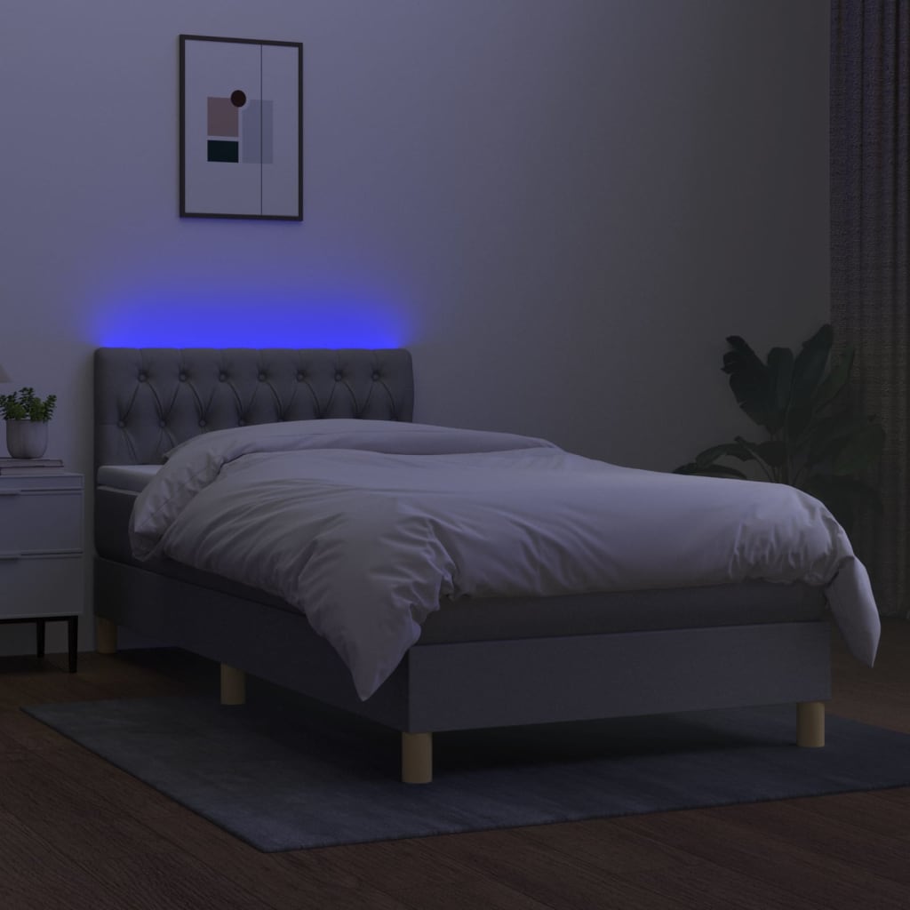 Krevet box spring s madracem LED svjetlosivi 90x190 cm tkanina
