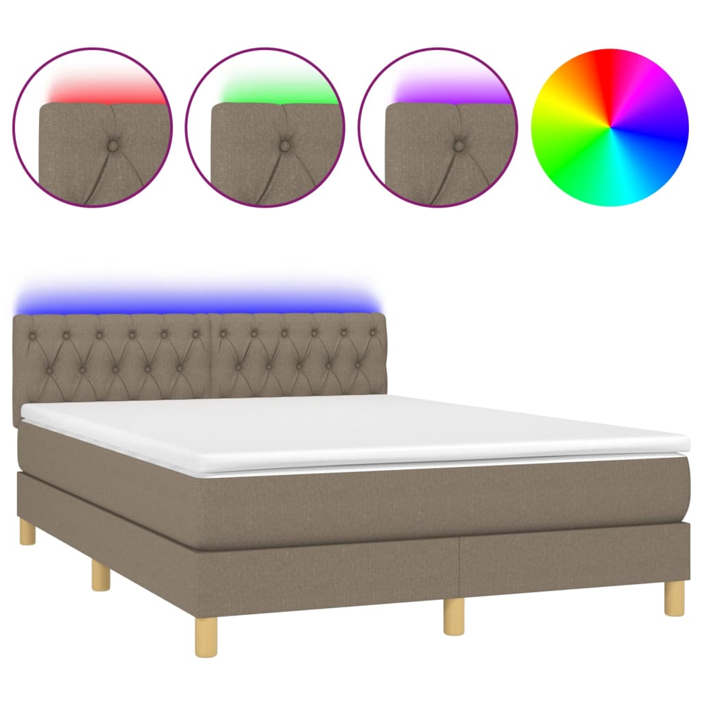 Krevet box spring s madracem LED smeđesivi 140x190 cm tkanina